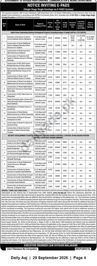 Newspaper clipping: Khyber Pakhtunkhwa C&W Division Malakand — e-Bids Invited for Multiple Civil Works (ADP Projects), Daily Aaj, 29 Sep 2026