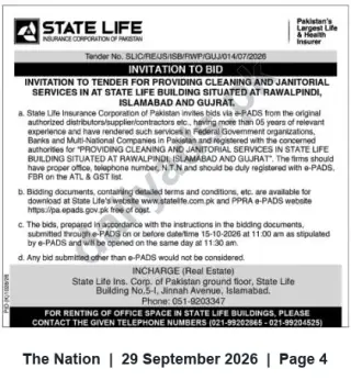Newspaper clipping: State Life Invitation to Bid for Cleaning & Janitorial Services in Islamabad, Rawalpindi & Gujrat, The Nation, 29 Sep 2026