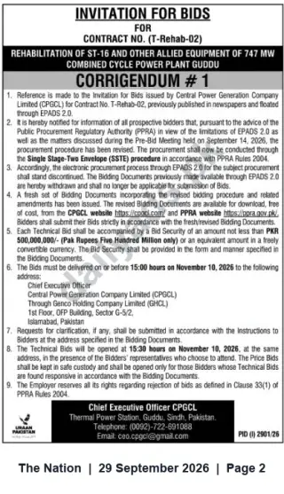 Newspaper clipping: CPGCL Invitation for Bids — Rehabilitation of ST-16 & Allied Equipment, Guddu (Contract T-Rehab-02) — Corrigendum #1, The Nation, 29 Sep 2026