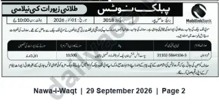 Newspaper clipping: Mobilink Bank Public Auction of Pledged Gold Jewellery — 2026-01-01, Nawa-i-Waqt, 29 Sep 2026