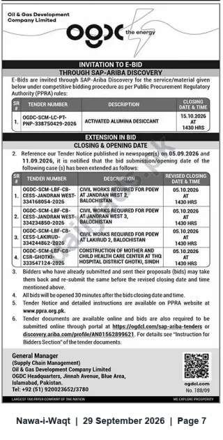 Newspaper clipping: OGDCL Invitation to E‑Bid & Extended Tender Deadlines — Activated Alumina Desiccant; Civil Works in Balochistan & Ghotki, Nawa-i-Waqt, 29 Sep 2026