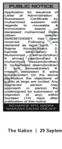 Newspaper clipping: Public Notice: Application for Administration/Succession Certificate — Muhammad Wascom, The Nation, 29 Sep 2026