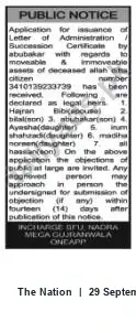 Newspaper clipping: Public Notice: Application for Letter of Administration / Succession Certificate for Allah Ditta (CNIC 3410139233739), The Nation, 29 Sep 2026