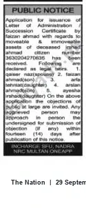 Newspaper clipping: Public Notice: Application for Letter of Administration / Succession Certificate — Faizan Ahmad (Estate of Irshad Ahmad), The Nation, 29 Sep 2026