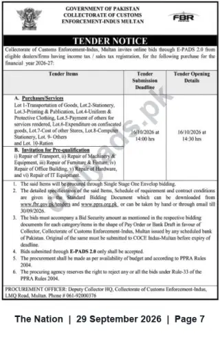 Newspaper clipping: Collectorate of Customs Enforcement‑Indus Multan Tender Notice for Purchases, Services & Repairs (FY 2026-27), The Nation, 29 Sep 2026