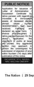 Newspaper clipping: Public Notice: Application for Letter of Administration for Estate of Astrag Ahmad, The Nation, 29 Sep 2026