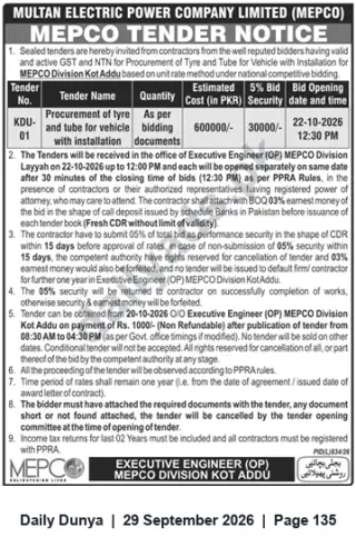 Newspaper clipping: MEPCO Tender: Procurement of Tyre & Tube for Vehicles with Installation — Kot Addu (Closing 2026-10-22), Dunya, 29 Sep 2026
