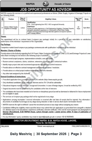 Newspaper clipping: WAPDA Vacancy: Advisor (Water Supply, Irrigation & Drainage) — Lahore (Contract), Daily Mashriq, 30 Sep 2026