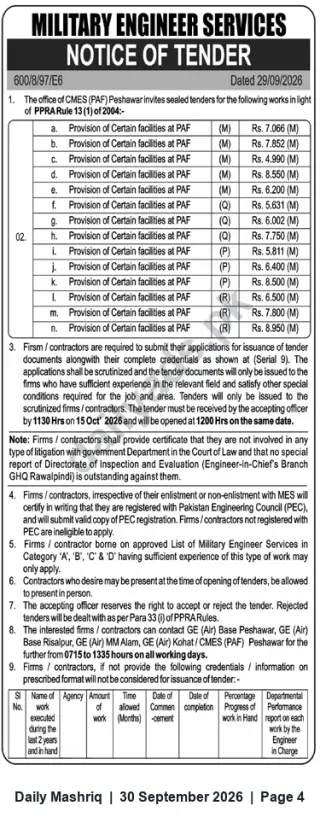 Newspaper clipping: Military Engineer Services (CMES PAF Peshawar) Tender Notice — Provision of Facilities at PAF (Closing 2026-10-15), Daily Mashriq, 30 Sep 2026