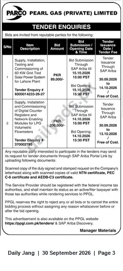 Newspaper clipping: PARCO Pearl Gas Tender Enquiries: 60 kW Solar System & LPG Flowmeter Modules, Jang, 30 Sep 2026