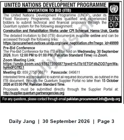 Newspaper clipping: UNDP ITB: Construction & Rehabilitation Works under CPI Schemes — Hanna Urak, Questa, Jang, 30 Sep 2026