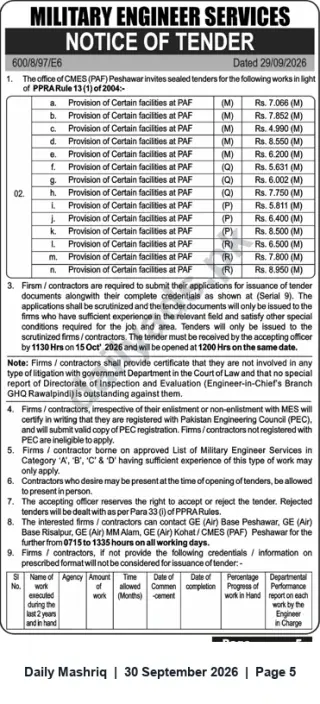 Newspaper clipping: MES Peshawar Notice of Tender – Provision of Facilities at PAF (Multiple Packages), Daily Mashriq, 30 Sep 2026
