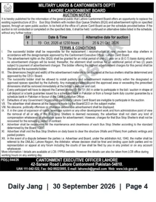 Newspaper clipping: Lahore Cantt Board Auction: Replacement of 29 Bus Stop Shelters & Advertisement Rights — 19 Oct 2026, Jang, 30 Sep 2026