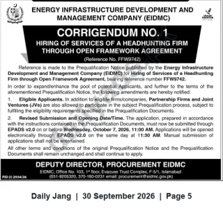 Newspaper clipping: EIDMC Corrigendum No.1 — Prequalification for Headhunting Firm (Ref FFW9742); New Deadline 2026-10-07, Jang, 30 Sep 2026