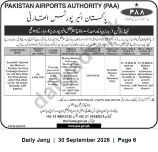 Newspaper clipping: PAA Tender: Concession to Operate Foreign Currency Exchange Counter at Jinnah International Airport, Karachi, Jang, 30 Sep 2026