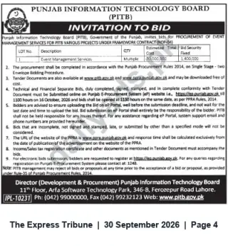 Newspaper clipping: PITB Invitation to Bid: Event Management Services Framework Contract (NDP-04), The Express Tribune, 30 Sep 2026