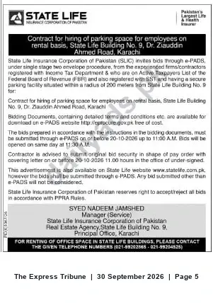 Newspaper clipping: State Life invites bids for rental parking space near State Life Building No.9, Karachi, The Express Tribune, 30 Sep 2026