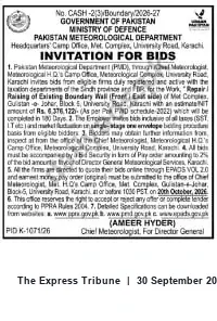 Newspaper clipping: PMD Tender: Repair & Raising of Boundary Wall — Meteorological Complex, Gulistan-e-Johar, Karachi, The Express Tribune, 30 Sep 2026