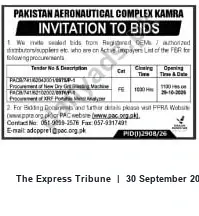 Newspaper clipping: Pakistan Aeronautical Complex Kamra — Invitation to Bids, The Express Tribune, 30 Sep 2026