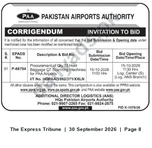 Newspaper clipping: Pakistan Airports Authority Corrigendum — Tender P-66794 for 3 Hold-Baggage CT Scanning Machines, The Express Tribune, 30 Sep 2026