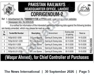 Newspaper clipping: Pakistan Railways Corrigendum-2 — Amended Opening Dates for D.E. Loco Spares Tenders, The News International, 30 Sep 2026