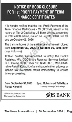 Newspaper clipping: JS Bank: Book Closure for 1st Profit Payment on TFC-VI — Oct 6, 2026, The News International, 30 Sep 2026