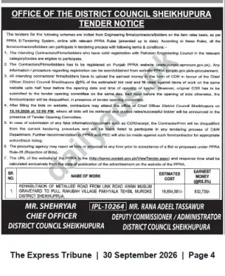 Newspaper clipping: District Council Sheikhupura Tender: Rehabilitation of Metalled Road (Link Road to Pull Rahwal via Pakhiala), The Express Tribune, 30 Sep 2026