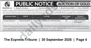 Newspaper clipping: Mobilink Bank Khushab — Auction of Pledged Gold on 2026-10-01, The Express Tribune, 30 Sep 2026