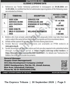 Newspaper clipping: OGDC Tender Deadline Extension — Electrical Motor Overhauling & Wellhead Assemblies (Oct 2026), The Express Tribune, 30 Sep 2026