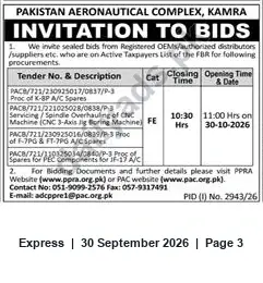 Newspaper clipping: PAC Kamra Invitation to Bids for Aircraft Spares and CNC Servicing — Closing 2026-10-30, Express, 30 Sep 2026