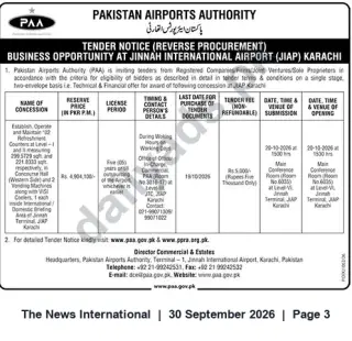 Newspaper clipping: Tender: Concession to Establish/Operate Refreshment Counters and Vending Machines at Jinnah International Airport, Karachi, The News International, 30 Sep 2026