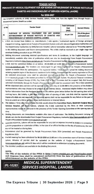 Newspaper clipping: Tender for Purchase of Medical Equipment for ADP Scheme — Punjab Institute of Diabetes & Endocrinology, Services Hospital Lahore, The Express Tribune, 30 Sep 2026