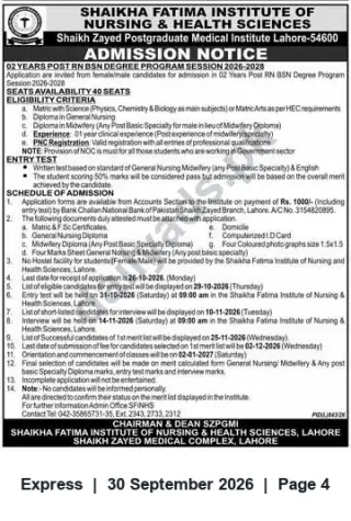 Newspaper clipping: Post‑RN BSN (2‑Year) Admission 2026–2028 — Shaikha Fatima Institute of Nursing & Health Sciences, Lahore, Express, 30 Sep 2026