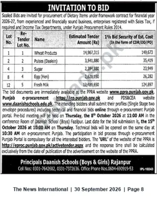 Newspaper clipping: Tender: Dietary Items Framework Contract FY 2026-27 — Daanish Schools Rajanpur, The News International, 30 Sep 2026