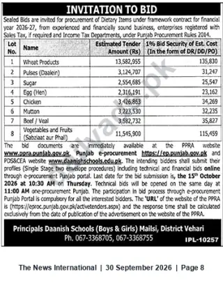 Newspaper clipping: Tender: Dietary Items Framework Contract 2026–27 — Daanish Schools Mailsi (Vehari), The News International, 30 Sep 2026