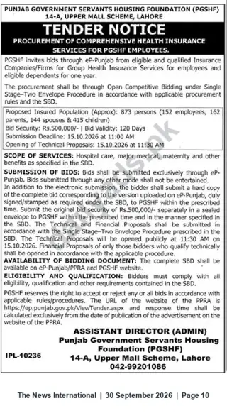 Newspaper clipping: PGSHF Tender: Comprehensive Health Insurance Services for Employees (Tender IPL-10236), The News International, 30 Sep 2026