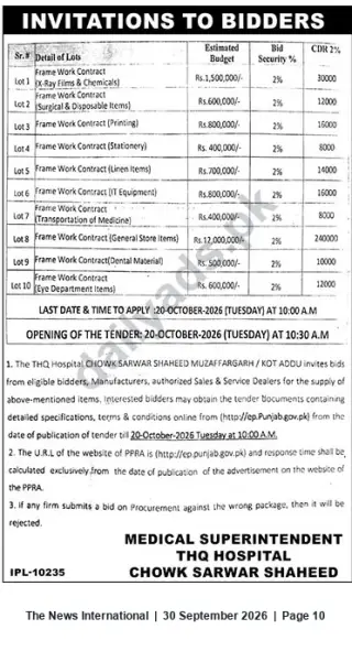 Newspaper clipping: THQ Hospital Chowk Sarwar Shaheed (Muzaffargarh / Kot Addu) — Invitation to Bidders for Medical & Framework Contracts, The News International, 30 Sep 2026