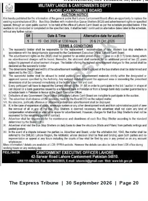 Newspaper clipping: Lahore Cantonment Board Auction — Advertisement Rights for 29 Bus‑Stop Shelters (19 Oct 2026), The Express Tribune, 30 Sep 2026