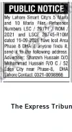 Newspaper clipping: Public Notice: Lost 5 Marla & 10 Marla Files — Phase 8 DHA, Lahore, The Express Tribune, 30 Sep 2026