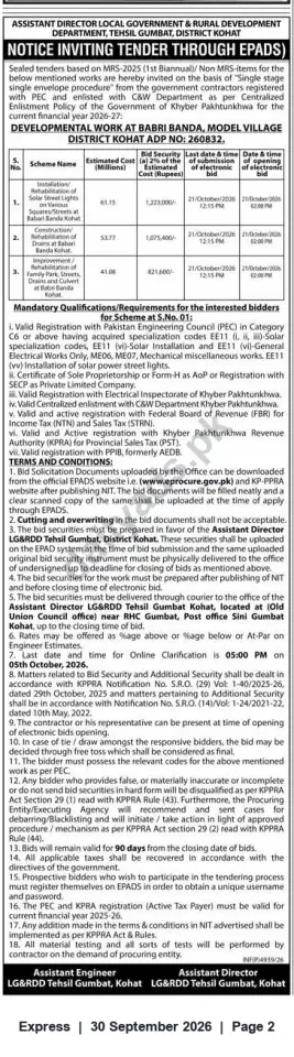 Newspaper clipping: Tender: Development Works at Babri Banda Model Village — Tehsil Gumbat, District Kohat, Express, 30 Sep 2026