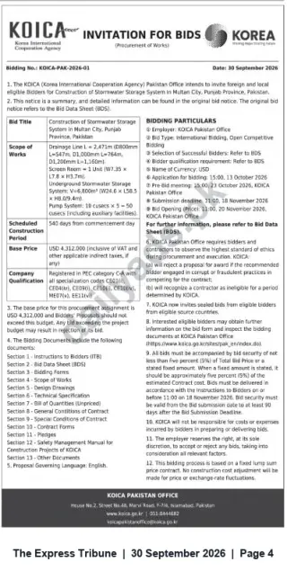 Newspaper clipping: KOICA Invitation for Bids — Construction of Stormwater Storage System, Multan, The Express Tribune, 30 Sep 2026