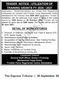 Newspaper clipping: Tender: Utilization of Training Grants FY 2026/2027 — Frontier Force Regimental Centre Abbottabad, The Express Tribune, 30 Sep 2026