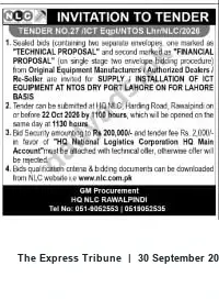 Newspaper clipping: NLC Tender No.27 — Supply & Installation of ICT Equipment at NTOS Dry Port Lahore, The Express Tribune, 30 Sep 2026