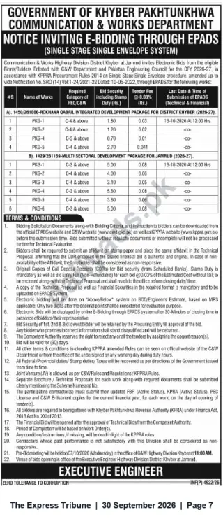 Newspaper clipping: C&W Khyber Pakhtunkhwa: E‑Bidding Notice for 2026–27 Development Packages in District Khyber (Jamrud), The Express Tribune, 30 Sep 2026