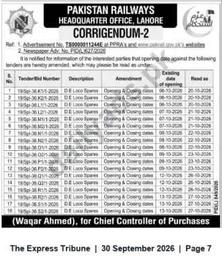Newspaper clipping: Pakistan Railways Corrigendum – Amended Opening & Closing Dates for D.E. Loco Spares Tenders, The Express Tribune, 30 Sep 2026