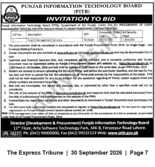 Newspaper clipping: PITB Invitation to Bid — Event Management Services, The Express Tribune, 30 Sep 2026
