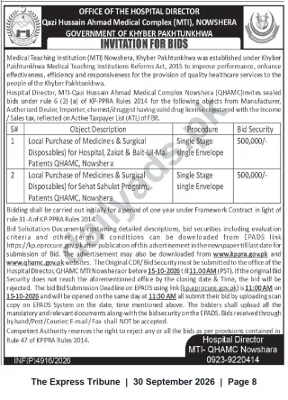Newspaper clipping: Invitation for Bids — Local Purchase of Medicines & Surgical Disposables for QHAMC MTI Nowshera, The Express Tribune, 30 Sep 2026