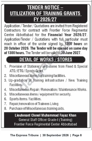 Newspaper clipping: Tender: Utilization of Training Grants FY 2026/27 — Frontier Force Regimental Centre Abbottabad, The Express Tribune, 30 Sep 2026