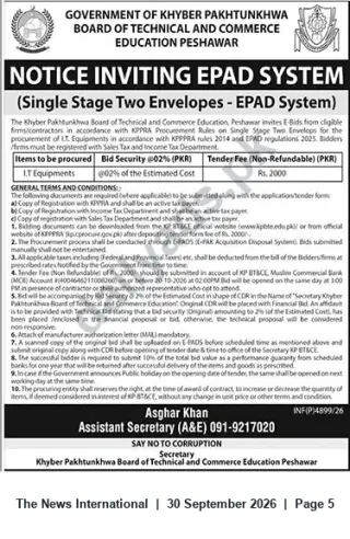 Newspaper clipping: Tender: e-Bids via EPAD for IT Equipment — Board of Technical & Commerce Education, Peshawar, The News International, 30 Sep 2026
