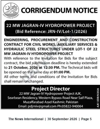 Newspaper clipping: Corrigendum: Extension of Bid Deadline — 22 MW Jagran‑IV Hydropower Project (Lot‑1), The News International, 30 Sep 2026